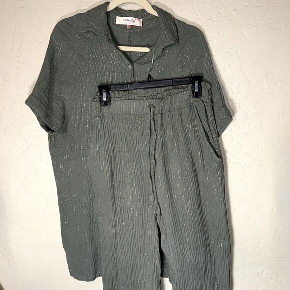 Scandal Italy resort wear slub cotton sage green with gold stitch matching set - Picture 1 of 10